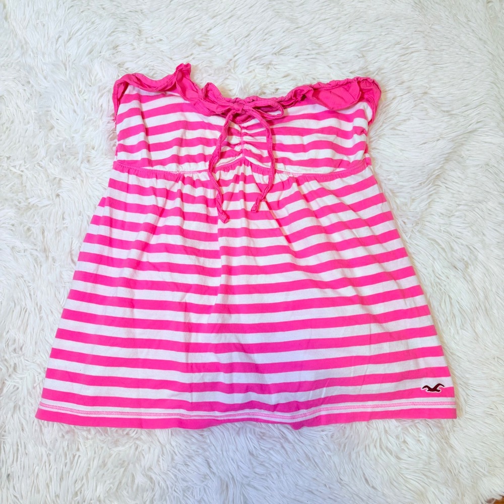 Hollister Pink White Striped Strapless Tube Top Smocked Ruffle Y2K Medium - Picture 5 of 7